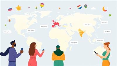 An engaging digital illustration featuring diverse individuals from around the world interacting on the LingoLeap platform, practicing different languages through virtual chat sessions and language exercises, fostering a sense of global connection and language proficiency.