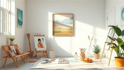 A serene virtual art therapy studio setup with art supplies, soothing colors, and inspirational art pieces, creating a calming and therapeutic space for creative expression and emotional healing.
