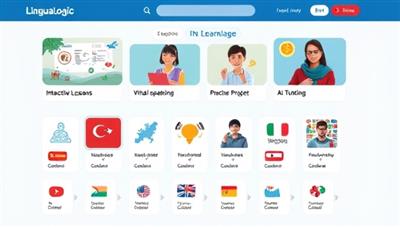 An online language learning interface showcasing interactive lessons, virtual speaking practice sessions, and AI tutoring features with a diverse selection of languages and cultural elements, highlighting the immersive and engaging language learning experience offered by LinguaLogic.