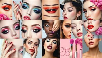 An artistic and visually captivating beauty mood board featuring a curated selection of makeup looks, hairstyle ideas, color palettes, and beauty inspirations, showcasing a blend of creativity, style, and individuality in a cohesive visual representation.