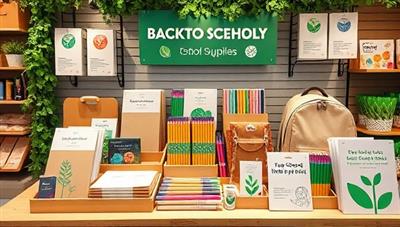 An eco-friendly school supplies store display featuring bamboo notebooks, recycled paper pens, plant-based backpacks, and biodegradable art supplies, set against a backdrop of greenery and eco-friendly branding, promoting sustainable and environmentally-conscious back-to-school shopping choices.