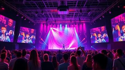 A vibrant digital stage setup with holographic effects, showcasing a virtual concert with a diverse crowd of avatars enjoying the music, conveying a dynamic and immersive experience.