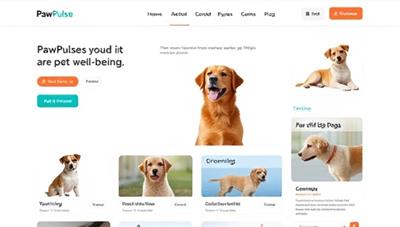 An engaging digital pet care hub showcasing a variety of pet services, from grooming to training, with playful pet images and informative resources that capture the essence of PawPulse's commitment to pet well-being.