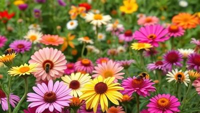 A vibrant and colorful garden filled with blooming flowers and buzzing bees, illustrating a harmonious ecosystem where pollinators thrive and contribute to the beauty and productivity of the garden, symbolizing the importance of pollinator-friendly practices.
