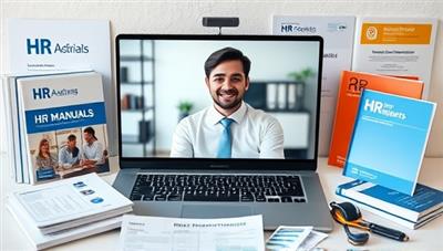 An online HR consultation session where an HR consultant advises a client on recruitment strategies and employee engagement initiatives via video call, surrounded by HR manuals, recruitment guides, and training materials, creating a professional and collaborative HR environment.