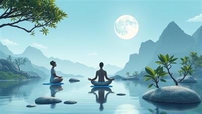 A serene digital oasis featuring tranquil landscapes, soothing sounds, and peaceful avatars engaging in mindfulness practices like meditation, yoga, and relaxation techniques, creating a Zen-like atmosphere of calm and well-being in a virtual retreat setting.