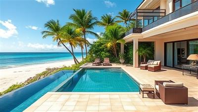 An opulent luxury villa overlooking a pristine beach, with a private infinity pool, lush tropical gardens, and a dedicated concierge attending to guests lounging on designer furniture, epitomizing the elite vacation experience managed by EliteRetreat Management.