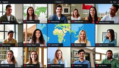 An interactive virtual language exchange session with participants from around the world engaging in language practice, cultural discussions, and virtual travel experiences, showcasing the diverse and immersive nature of the LingoLink platform.