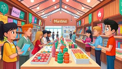 A vibrant virtual marketplace scene with colorful icons representing various skills and services being exchanged between animated characters, conveying a sense of collaboration and diversity in learning.