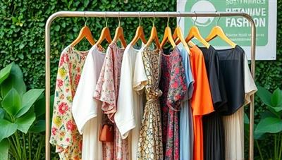A vibrant collection of stylish rental fashion items displayed on a clothes rack, featuring a mix of designer pieces, trendy accessories, and eco-friendly garments, set against a backdrop of lush greenery and sustainable fashion branding, showcasing the diversity and sustainability of the rental service.