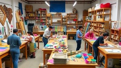 A vibrant artisan workshop studio filled with colorful materials, tools, and works-in-progress, with artisans of different ages and backgrounds collaborating on projects, exuding a sense of creativity and community at CraftLab Collective.