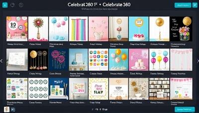 An array of virtual party decorations and interactive elements displayed on a digital platform, showcasing the variety and customization options available for hosting virtual parties with Celebrate360.
