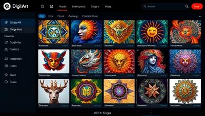 An online art gallery interface displaying a diverse collection of digital art NFTs, featuring vibrant and intricate digital artworks, interactive visualization tools, and blockchain verification badges, illustrating the innovative and secure art marketplace experience on DigitArt Exchange.