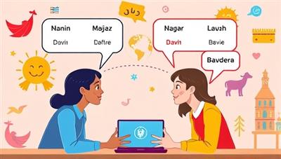 A vibrant visual representation of two individuals engaging in a virtual language exchange session, with speech bubbles displaying different languages, cultural symbols in the background, and a digital interface facilitating the conversation, highlighting global connections and language diversity.