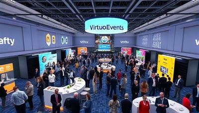 An immersive visual representation of a virtual conference hall within the VirtuoEvents platform, featuring interactive booths, presentation stages, networking lounges, and a bustling virtual crowd engaging in conversations and activities, symbolizing the dynamic and engaging virtual event experience offered by the platform.
