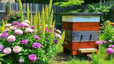 A serene backyard garden with a buzzing beehive surrounded by blooming flowers and lush greenery, showcasing the harmony between bees and nature, and the potential for homegrown honey production.