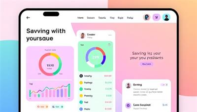 A sleek and modern app interface design of the DreamSave App homepage, featuring colorful progress trackers, savings goals visualization, and motivational quotes, creating a visually appealing and user-friendly environment for goal-oriented financial planning.