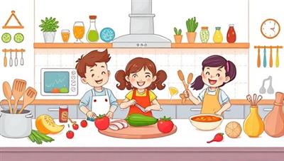A colorful and whimsical illustration of a virtual kitchen setting where children are enthusiastically participating in an online cooking class, surrounded by fresh ingredients, kitchen utensils, and playful culinary elements, sparking joy and curiosity in the world of cooking.