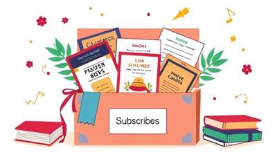 An illustration of a colorful subscription box filled with legal resources like books, stationery, and online course vouchers, with legal-themed decorations and a LawBox Essentials logo, conveying a sense of excitement and educational value for subscribers.
