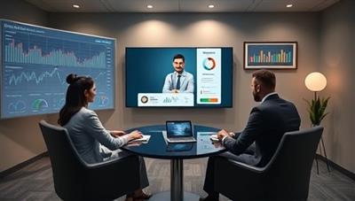 A sleek and modern virtual meeting room setup with a financial advisor engaging with a client via video call on a large screen, surrounded by digital financial charts and analysis tools, creating a professional and interactive virtual consultancy experience.