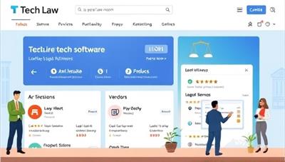 An illustration of the TechLaw Connect marketplace interface showcasing legal tech software listings, user reviews, and product demos, with legal professionals browsing through software options and contacting vendors for more information, highlighting the platform's efficiency in connecting users with tech solutions.