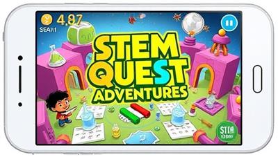A colorful and dynamic app interface showcasing the STEM Quest Adventures game world, with animated characters engaging in STEM-related challenges and experiments, surrounded by interactive puzzles and educational content, creating an immersive and educational gaming experience for kids.