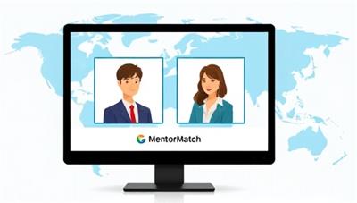 An engaging graphic showcasing a virtual meeting between a mentor and mentee on a computer screen, with a backdrop of a global map symbolizing the diverse connections and opportunities available through MentorMatch.