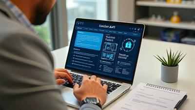 A cybersecurity consultant conducting a security audit for a small business, with a laptop displaying network security configurations and data encryption protocols, highlighting the importance of proactive cybersecurity measures for business protection.