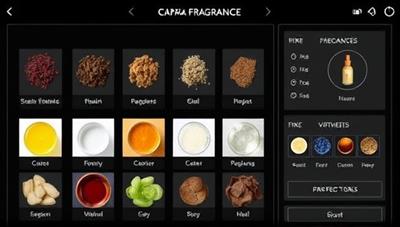 An elegant digital interface displaying a variety of fragrance notes and ingredients, with virtual mixing tools and personalized scent profiles, evoking a sense of luxury and creativity in custom fragrance creation.