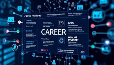 An AI interface displaying career pathways, job opportunities, and skill development recommendations tailored to individual user profiles, surrounded by digital icons representing professional growth and success, highlighting the platform's personalized career guidance capabilities.