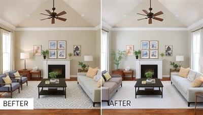 A split-screen showing a cozy living room before and after a virtual design consultation, with mood boards, color swatches, and furniture samples digitally superimposed on the room, illustrating the transformation potential.