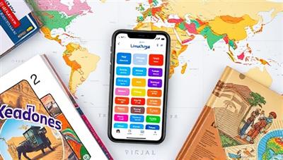A smartphone displaying the LinguaVoyage app interface with colorful language exercises and travel-themed vocabulary, surrounded by travel guides, language textbooks, and a world map, creating a vibrant and educational atmosphere for language learning and travel exploration.