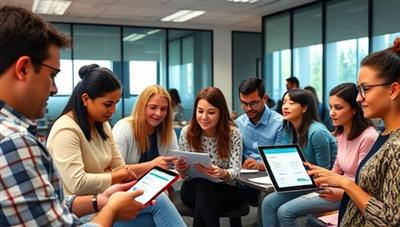 An office setting with diverse employees engaged in financial wellness workshops and using the WorkWealth Wellbeing platform on their devices, illustrating a supportive and educational workplace environment focused on financial well-being.