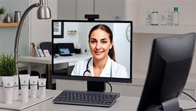 A professional virtual clinic setup showcasing a dermatologist providing skincare advice via a video call, with skincare products and digital tools in the background, illustrating a seamless and personalized online consultation experience through SkinRx Virtual Clinic.