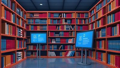 An illustration of a virtual legal library with shelves filled with legal books and digital screens displaying legal resources, symbolizing a vast knowledge hub accessible to members of the platform.