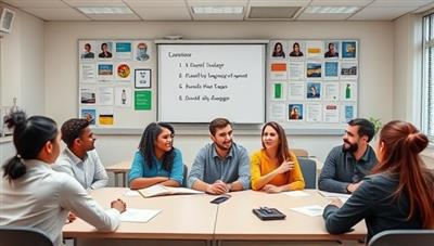 An interactive virtual classroom setting with diverse avatars engaging in language exchange activities, showcasing a dynamic and engaging learning environment.