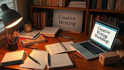 An inspiring workspace with a desk scattered with writing tools, books, and a laptop displaying a creative writing workshop in progress, evoking a sense of creativity and productivity.