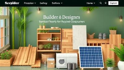 A visually appealing marketplace interface showcasing a variety of sustainable construction materials like bamboo flooring, recycled glass countertops, and solar panels, emphasizing eco-friendly options for builders and designers.