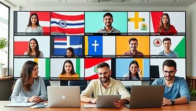 A vibrant and diverse virtual classroom setting with students of different nationalities engaging in language lessons through video conferencing, portraying a dynamic and interactive learning environment.
