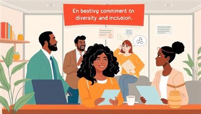 An illustration featuring a diverse group of professionals from underrepresented backgrounds collaborating in a virtual workspace, sharing ideas and insights, with a banner showcasing the platform's commitment to diversity and inclusion, symbolizing a supportive and inclusive online community for diverse talent and employers.