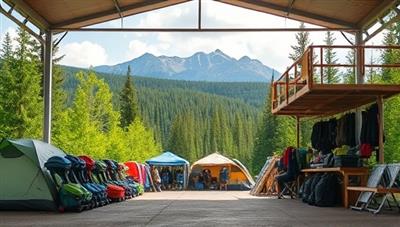 An outdoor gear rental station set against a backdrop of lush green forests and mountain peaks, featuring rows of eco-friendly camping gear, backpacks, and hiking essentials neatly displayed under a canopy, inviting adventurers to gear up sustainably for their next outdoor escapade.