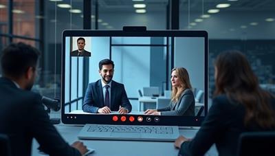An innovative digital platform interface showing a virtual legal consultation in progress, with lawyers and clients interacting via video call, creating a modern and accessible legal service experience.
