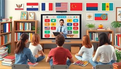 An engaging visual of a virtual language lesson in progress, with a diverse group of students interacting with a tutor on a screen, surrounded by language textbooks, flags, and cultural artifacts, conveying learning and diversity.