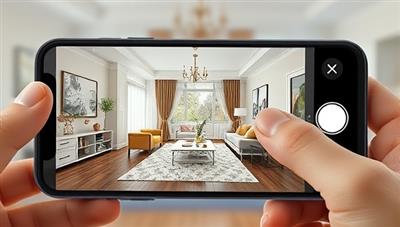 An AR visualization of a living room with virtual furniture and decor items overlaid on the camera view of a smartphone, showcasing the realistic and immersive design experience offered by DecoVision AR for creating personalized and stylish home interiors through augmented reality technology.