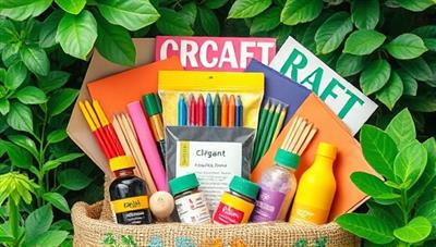 An assortment of colorful craft materials made from recycled paper, natural fibers, and biodegradable substances arranged in a sustainable packaging, surrounded by lush greenery and eco-friendly slogans, evoking a sense of creativity and environmental responsibility in children.
