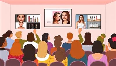 An engaging graphic showing a diverse group of individuals attending a virtual beauty masterclass, with screens displaying makeup tutorials, skincare demonstrations, and hair styling tips, conveying a sense of community and learning.