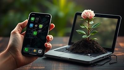 An eye-catching image of a hand holding a cracked smartphone next to a blooming plant growing out of a recycled laptop, symbolizing the transformation of tech waste into new life through eco-friendly practices.