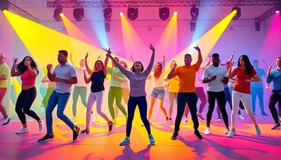 A vibrant digital illustration showing a diverse group of people dancing and exercising to live music in a virtual environment, conveying energy, unity, and excitement.