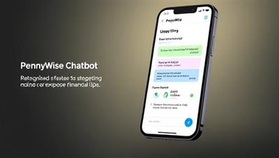 An engaging visual of a smartphone screen displaying the PennyWise AI chatbot interface, showcasing user-friendly features like budget tracking graphs, expense categorization options, and personalized financial tips, creating a seamless and interactive user experience.