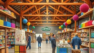 An artistic representation of the CraftHive Warehouse interior, featuring a vibrant marketplace filled with colorful handmade crafts, artisan displays, and customers browsing unique products, capturing the essence of creativity and community in a shared artisanal space.